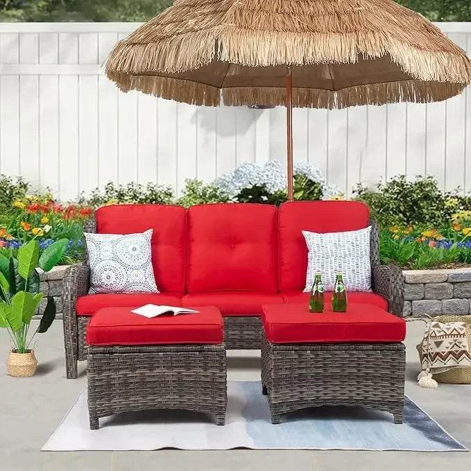 Three Piece Wicker Outdoor Conversation Set With Sofa Ottomans