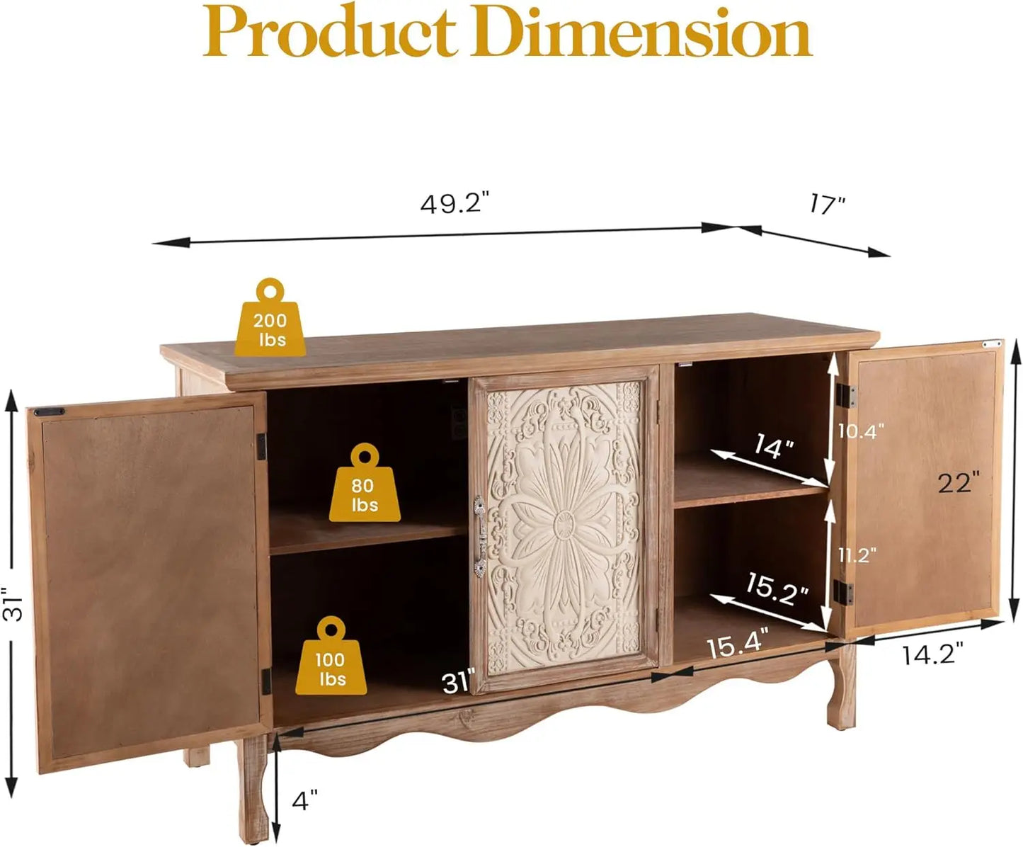 XMSJ Accent Storage Cabinet With Carved Doors And Shelves Farmhouse Sideboard Buffet