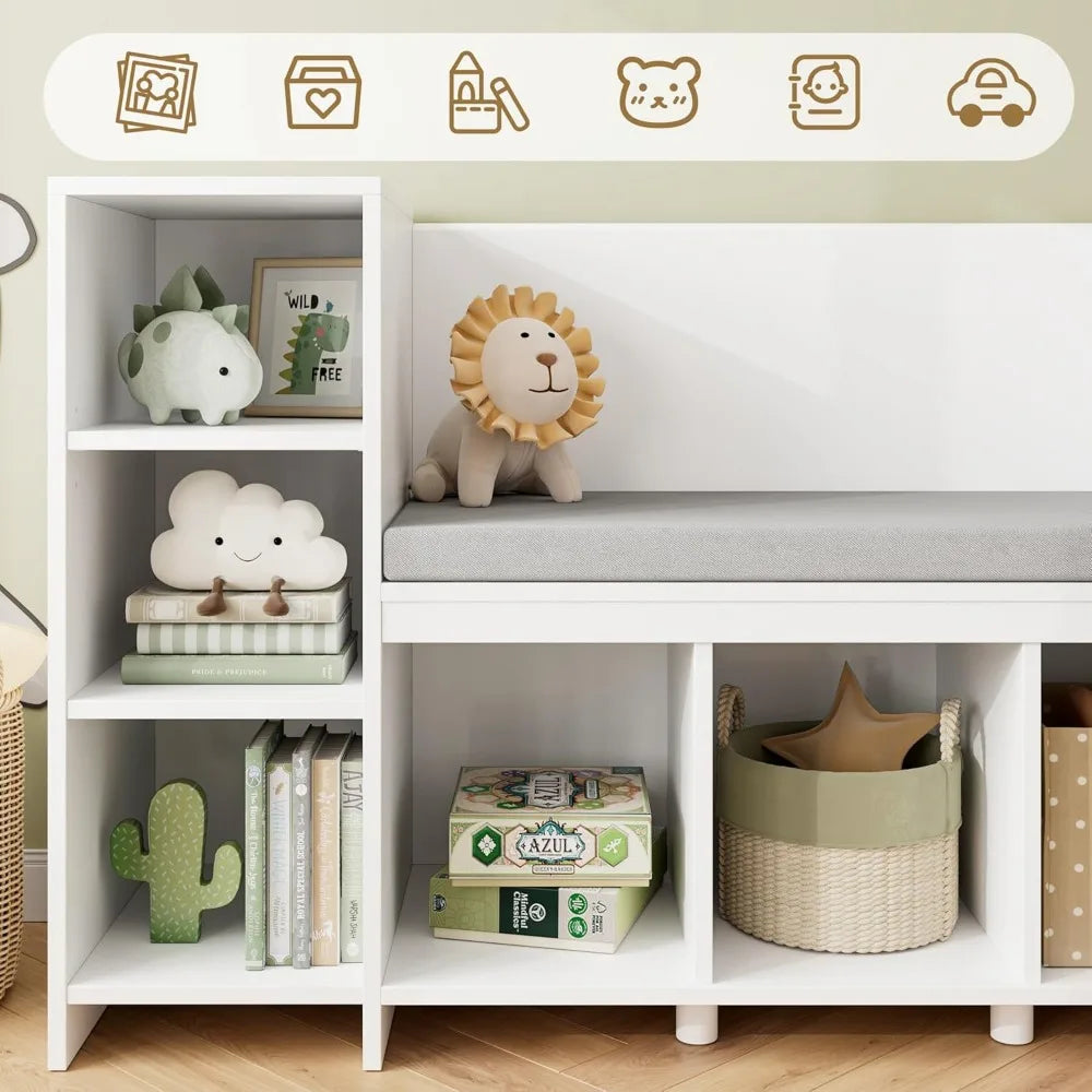 HOSTACK 67 Inch Kids Reading Nook with Bench Bookshelf and Storage Cubbies