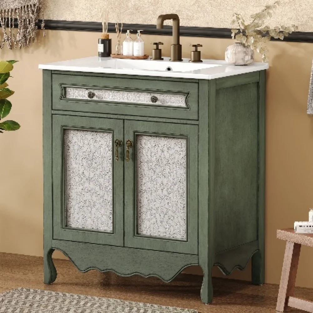 30 Inch Antique Pattern Bathroom Vanity with Rectangle Ceramic Sink