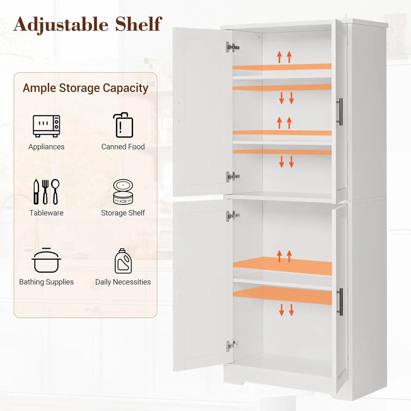 Studyset Freestanding Kitchen Pantry Cabinet Four Doors Adjustable Shelves