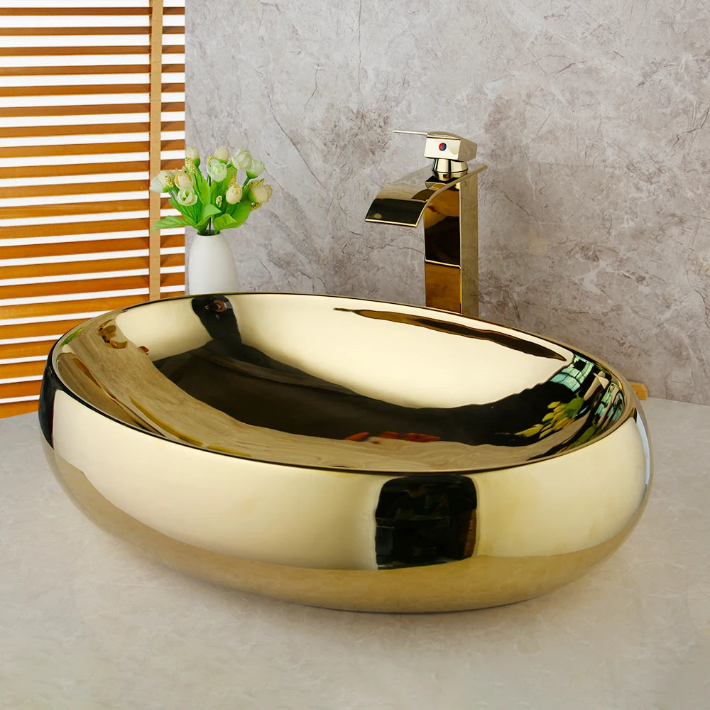 KEMAIDI Ceramic Oval Vessel Sink With Waterfall Faucet