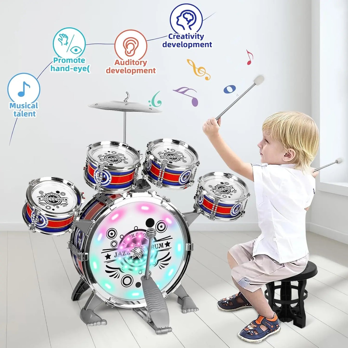 SANMERSEN Mini Jazz Drum Set for Beginners with LED