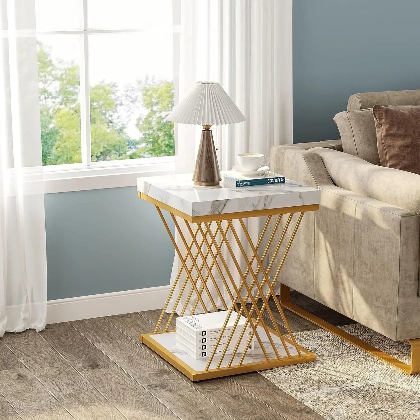 Modern White Gold Square End Table with Storage 2-Tier Faux Marble Design