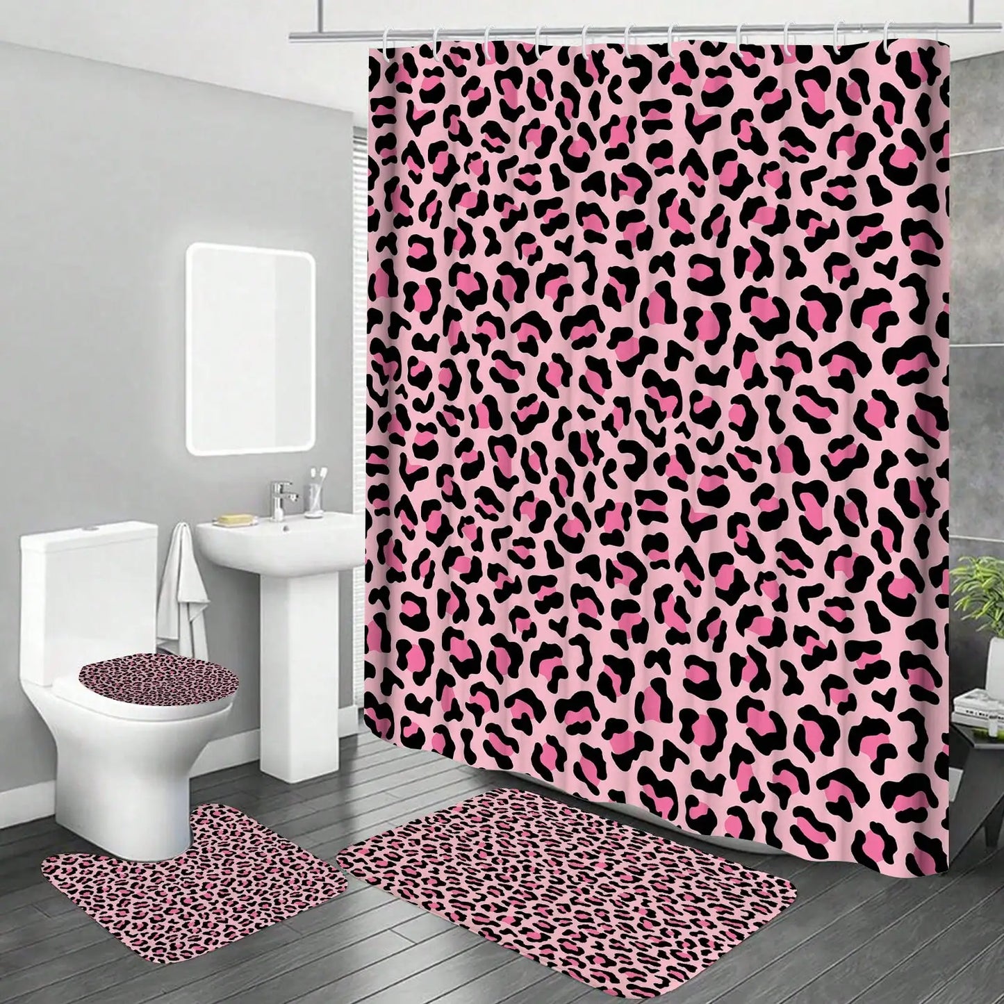 Leopard Pattern Polyester Shower Curtain Set With Bath Accessories