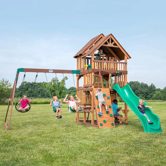 Highlander Cedar Wood Swing Set With Wave Slide Clubhouse
