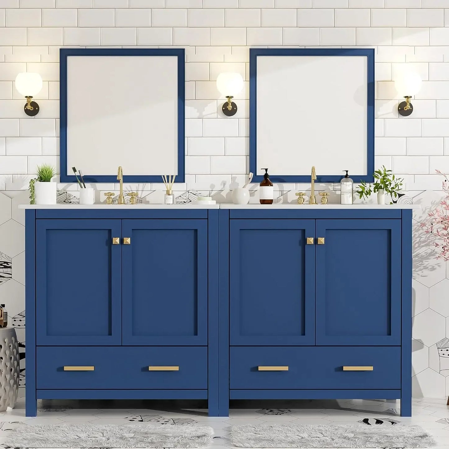 60 Inch Solid Wood Bathroom Vanity with Double Sink and Storage Cabinets