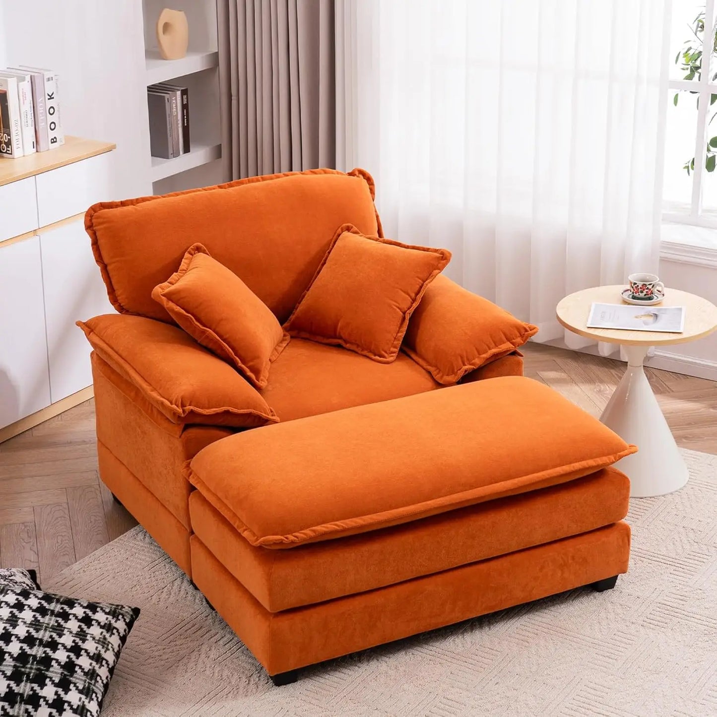 Oversized Chaise Lounge Chair With Ottoman In Velvet Upholstery