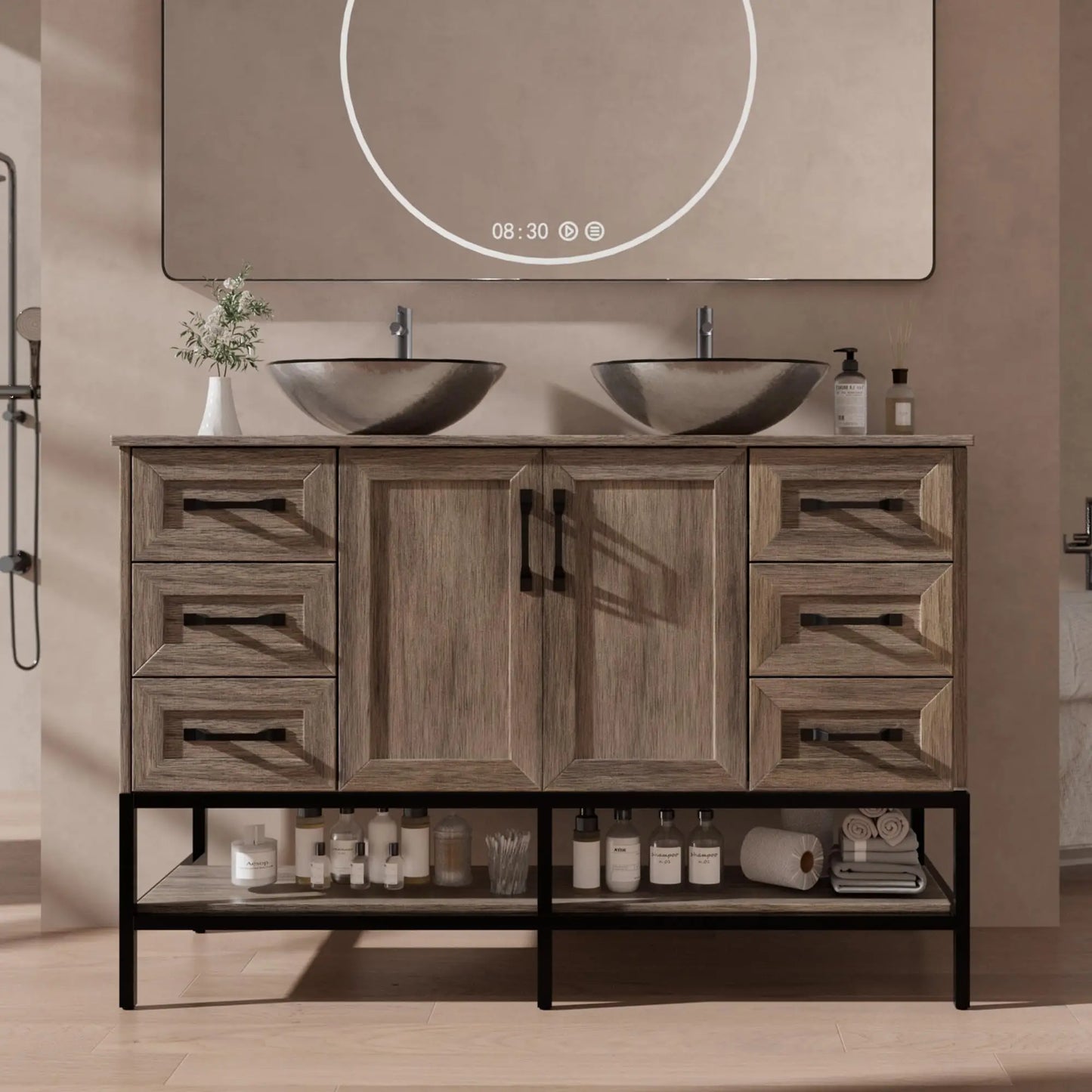 Double Sink Freestanding Bathroom Vanity With Open Shelves
