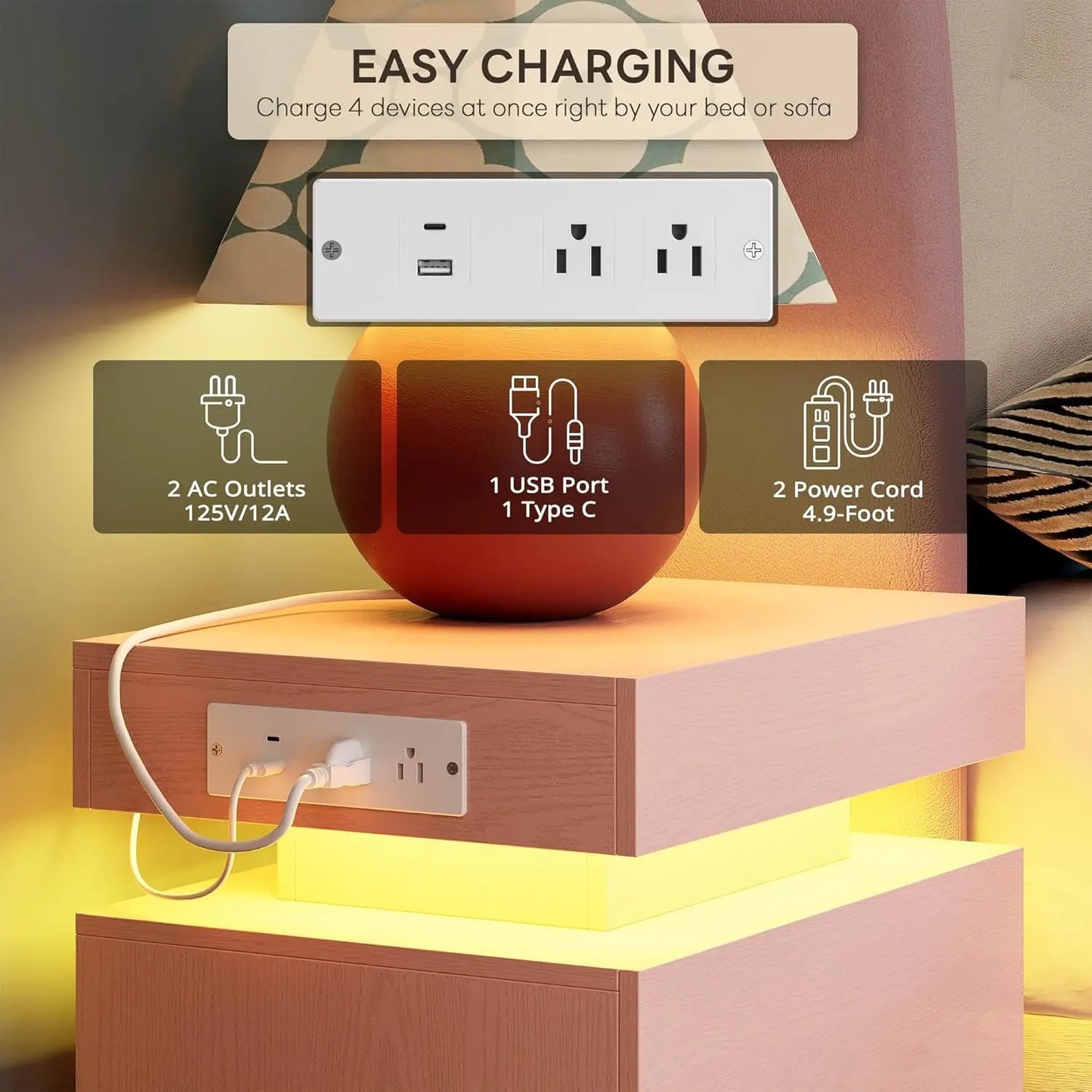 LIKIMIO Nightstand With Charging Station Modern LED Drawers