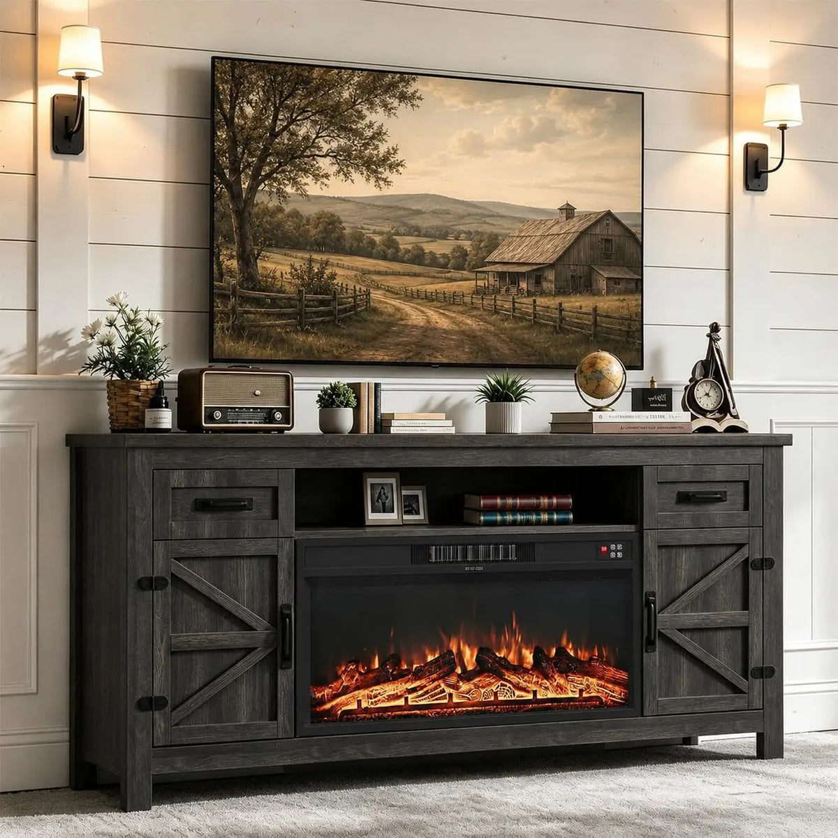 Farmhouse Fireplace TV Stand With Barn Doors And Storage