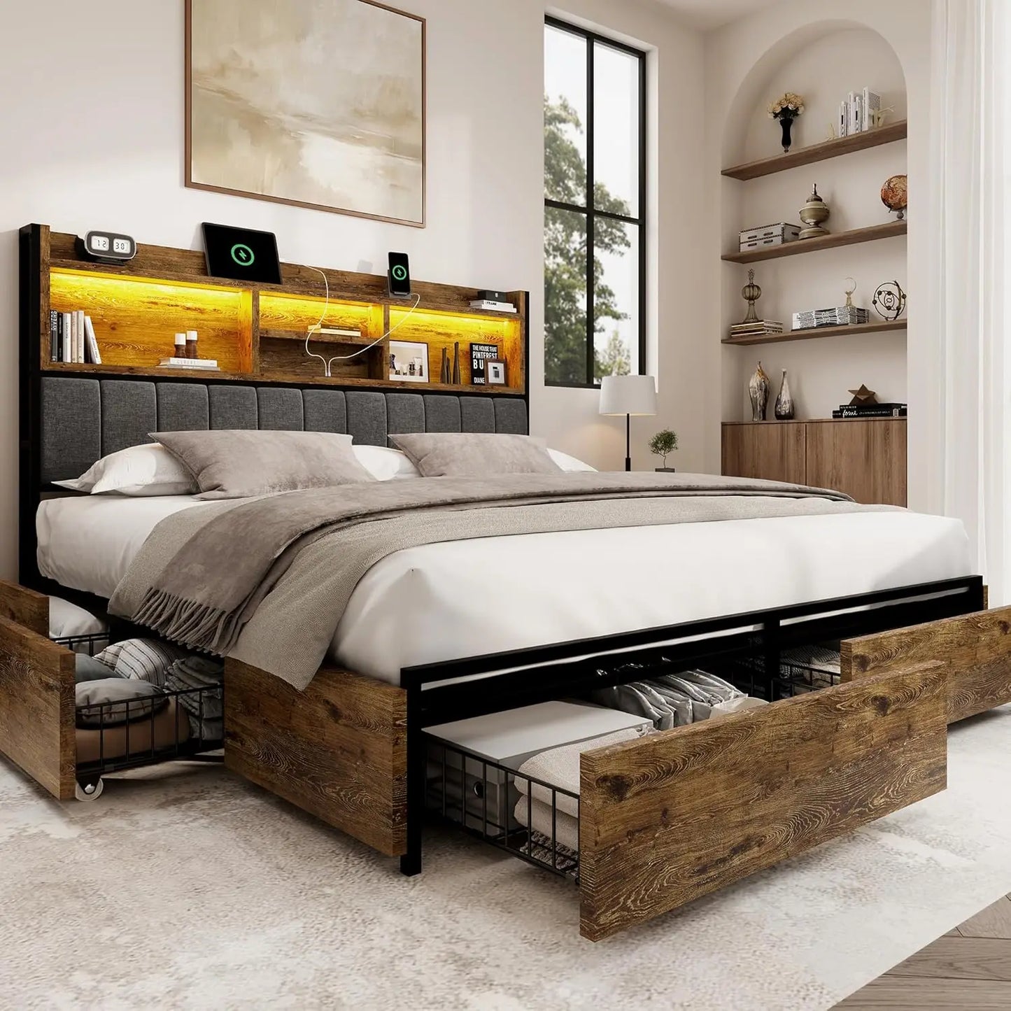 King Bed Frame With Six Drawers Linen Headboard USB