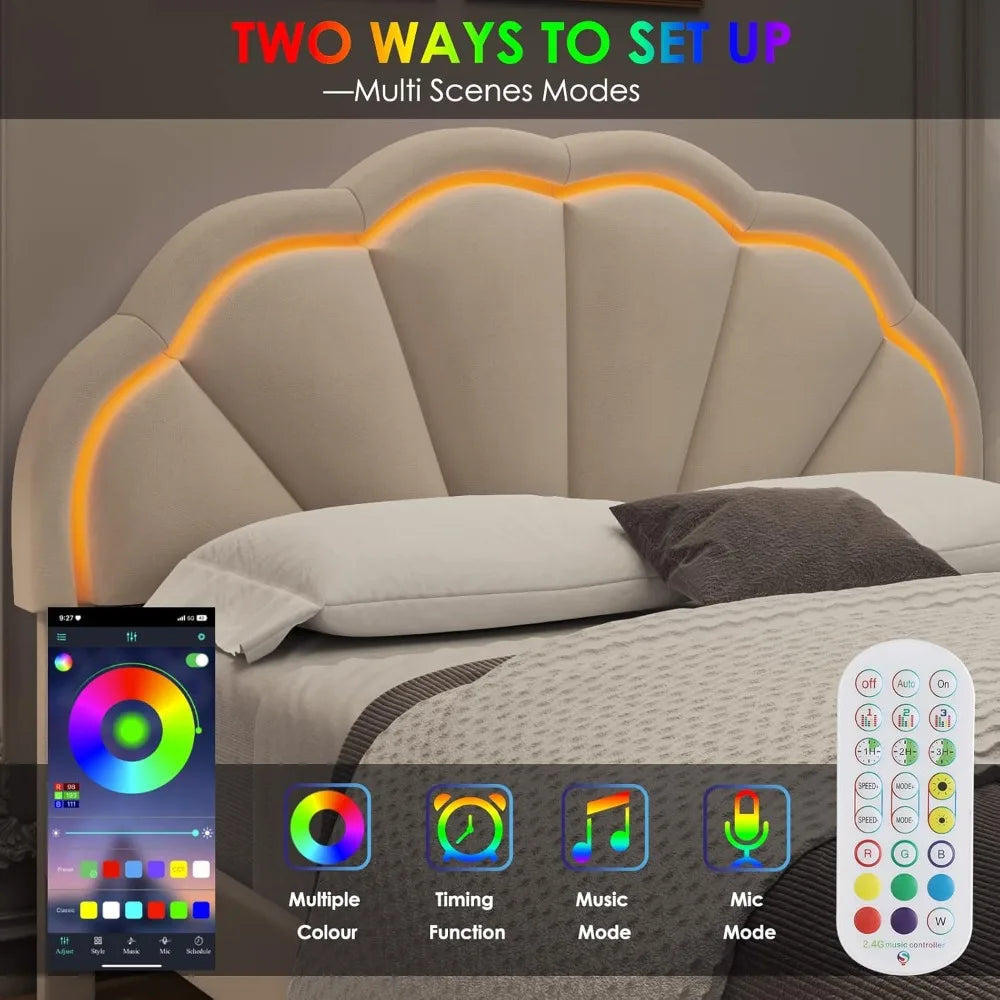 LZJV Smart LED Upholstered Bed Frame With Adjustable Headboard