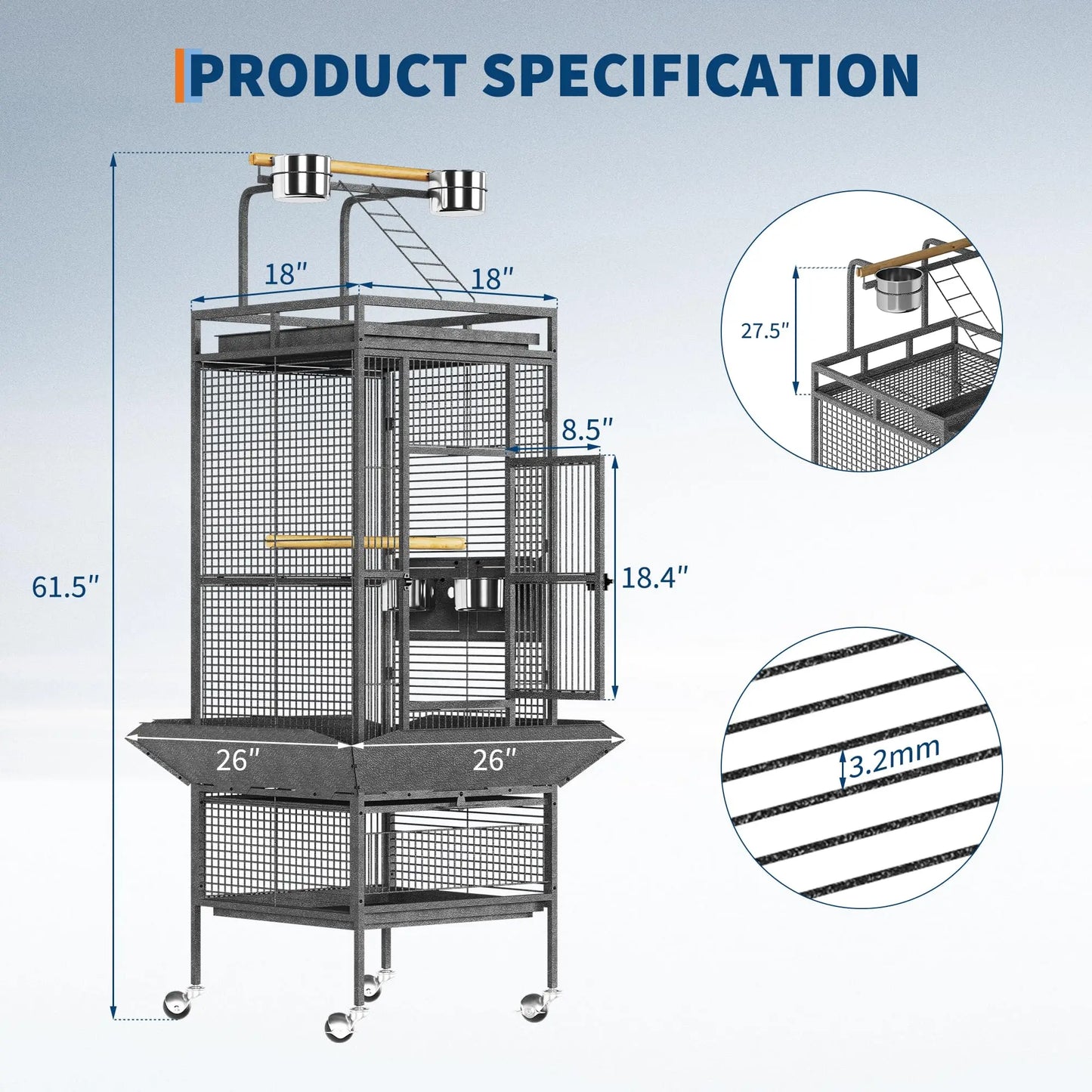HiMISS Bird Cage With Rolling Stand And Storage Shelf