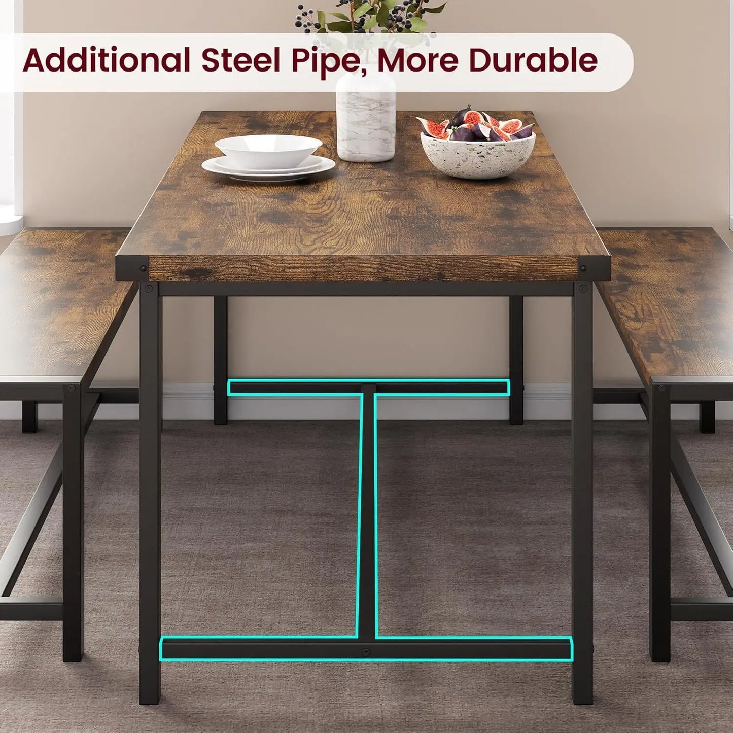 HiMISS Dining Table Set For 4 With Metalwood Benches