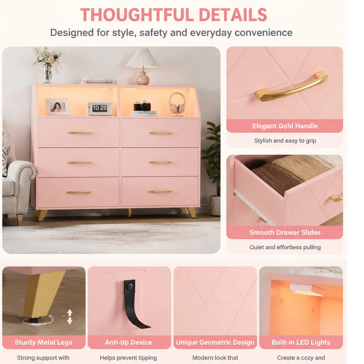 Modern Led Light Dresser With Charging Station Storage Cabinet