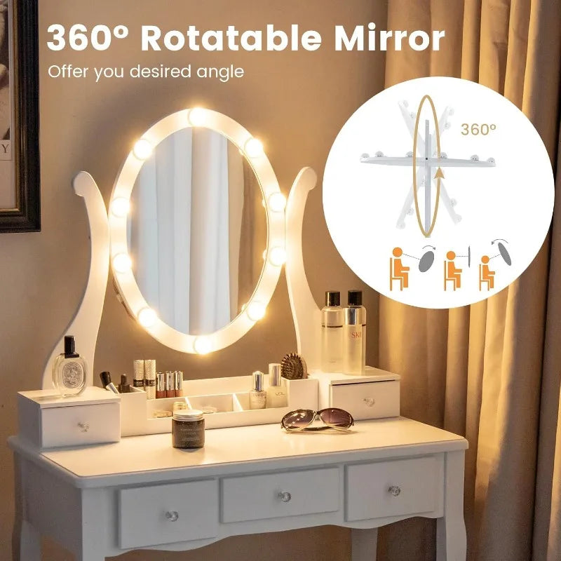 Hign-concerned Vanity Set With 10 Led Bulbs Mirror Stool