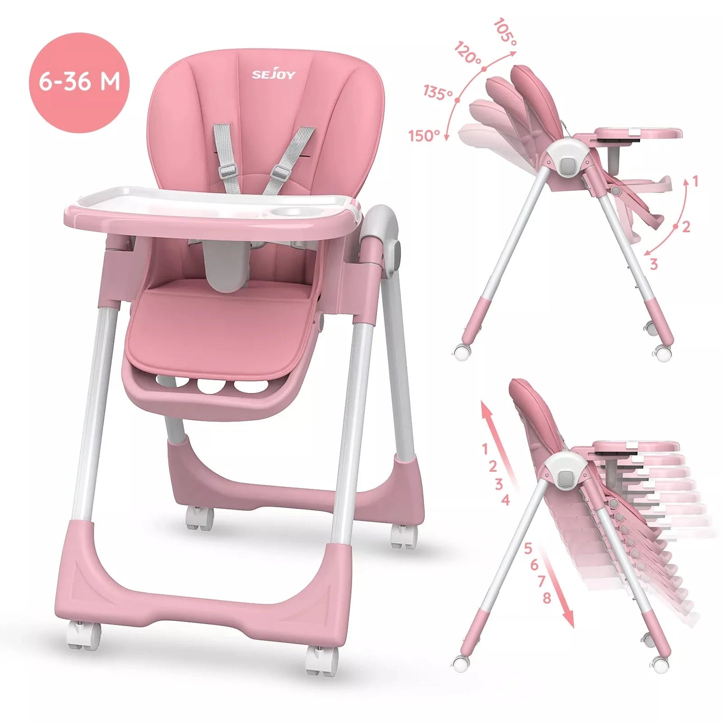 Sejoy Baby High Chair Foldable With Adjustable Tray