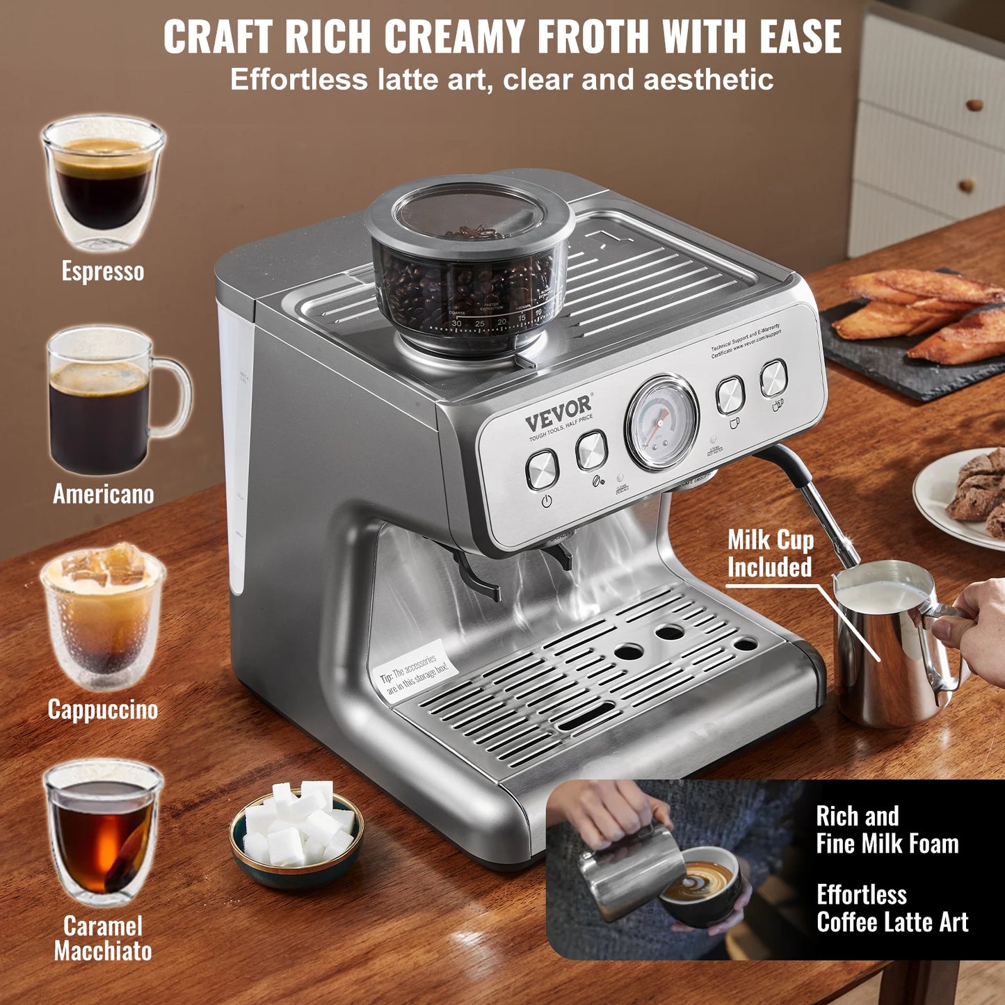 VEVOR Espresso Machine With Grinder And Milk Frother