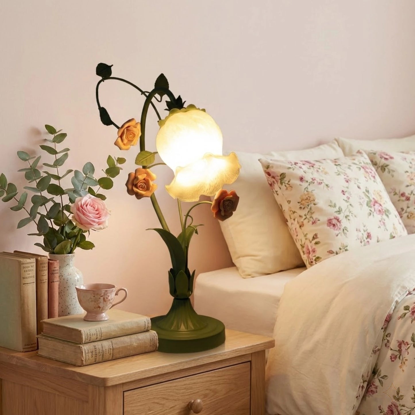 Bymaocar Ceramic Rose Desk Lamp With Glass Shade E26