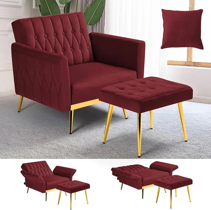 Velvet Accent Chair with Adjustable Armrests Tufted Back and Ottoman