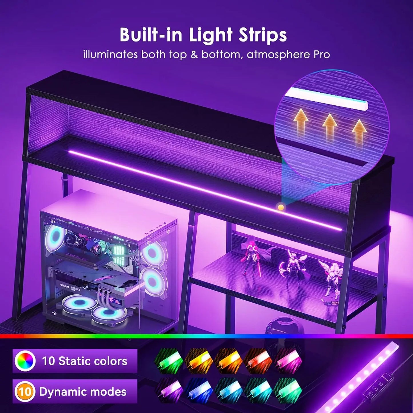 L Shaped Gaming Desk With LED Lights And ShelvingRack