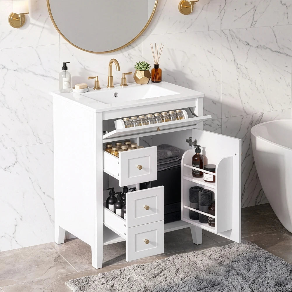 Modern White Bathroom Vanity With Ceramic Sink And Metal Handles