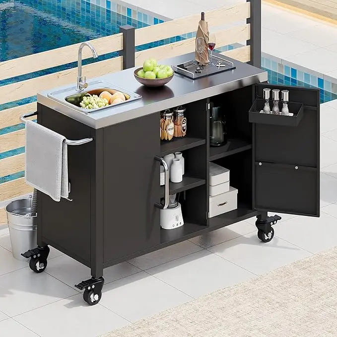 Outdoor 304 Stainless Steel Kitchen Island With Sink Cart