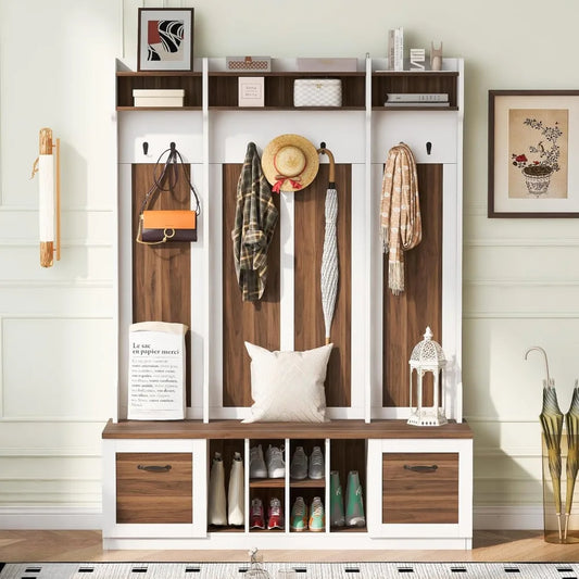 58.8 Inch Wide Hall Tree with Bench Coat Rack Hooks Drawers and Adjustable Shelves