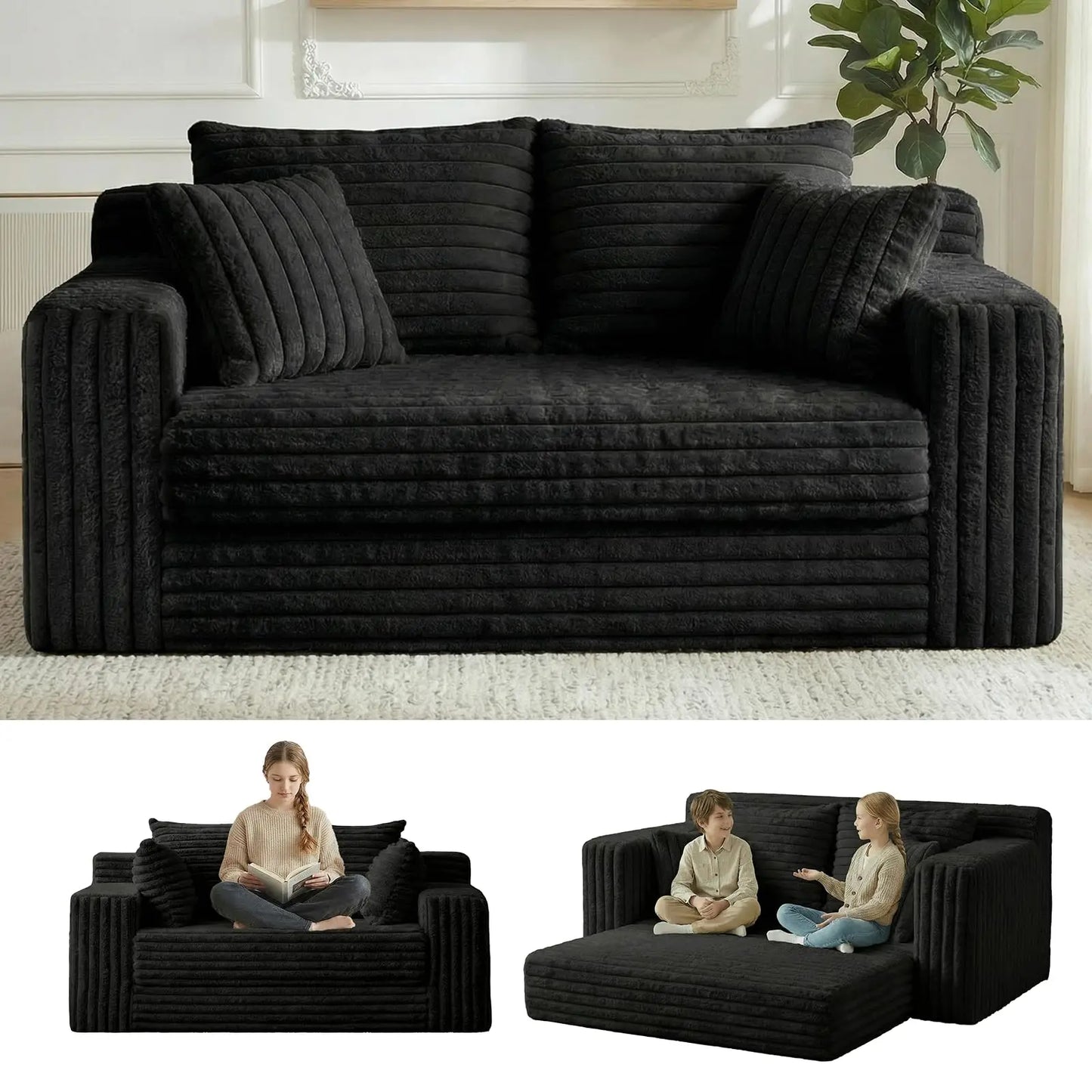 Furry 3-In-1 Convertible Sofa Bed With Detachable Cushions And 4 Pillows
