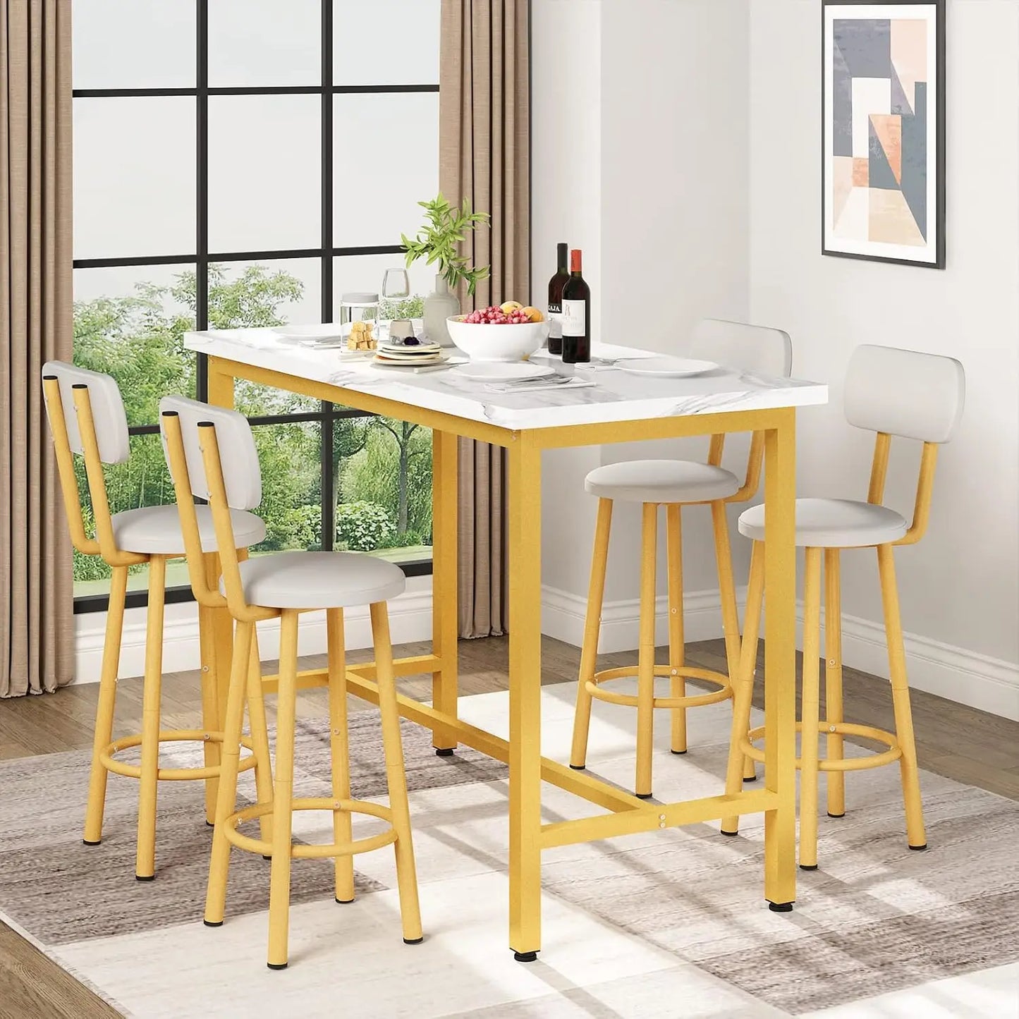 Dining Table Set 43.3 Inch Rectangle Bistro Dining Set with Backrest Stools