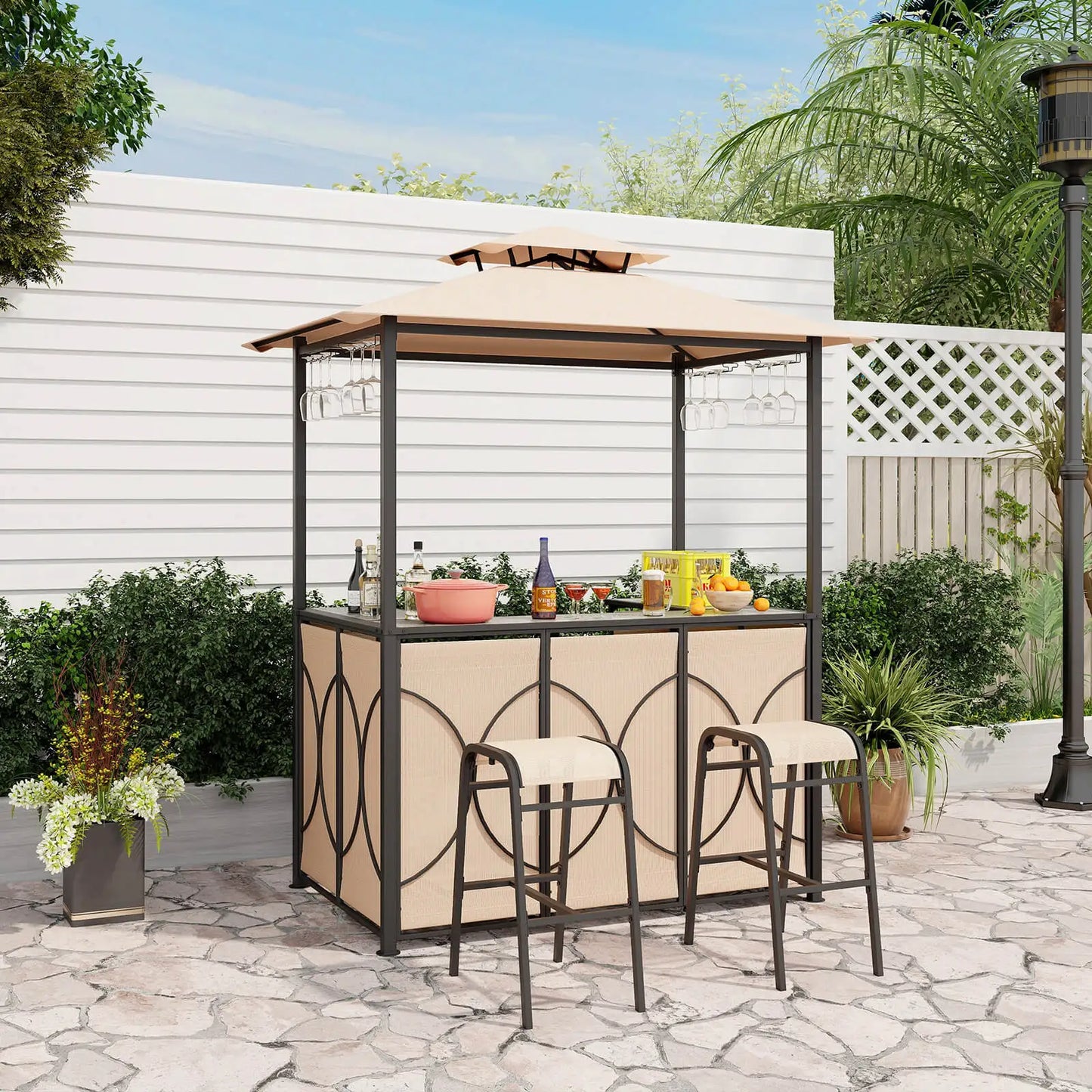 HOMASIS Patio Bar Set With Tempered Glass Table Outdoor