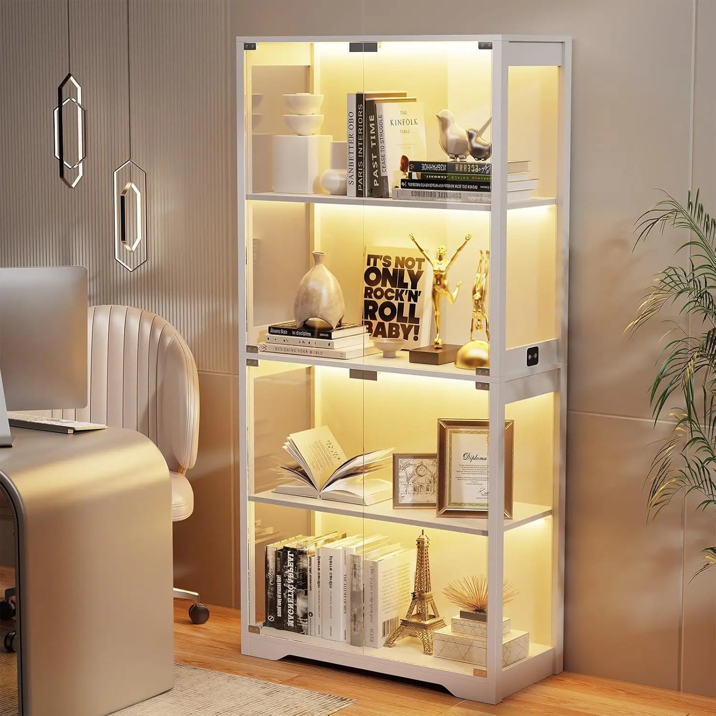 XMSJ Glass Display Cabinet With 4 Tier Curio Shelves And LED Lighting For Collectibles