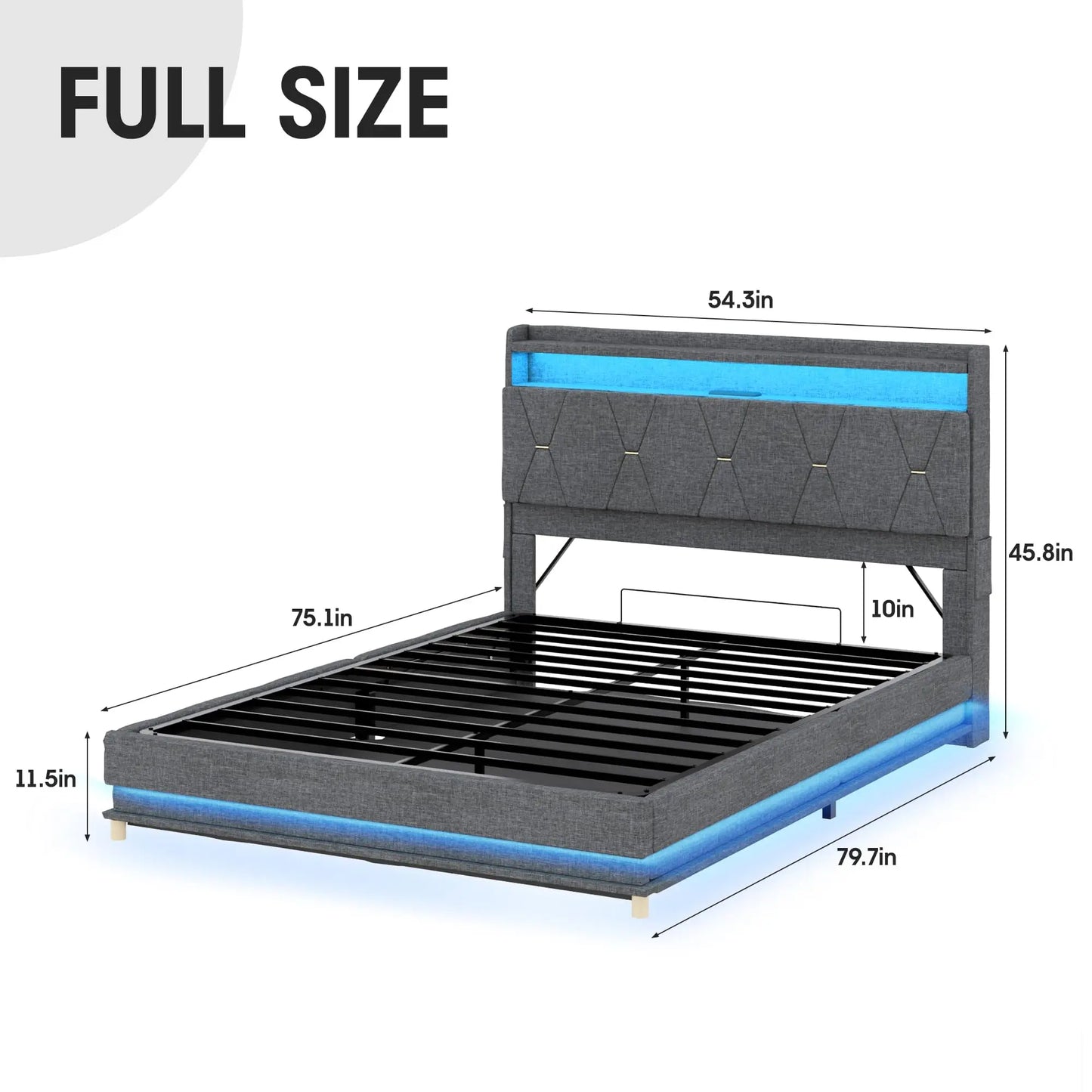 Vabches Lift Up Bed Frame With Storage Headboard LED