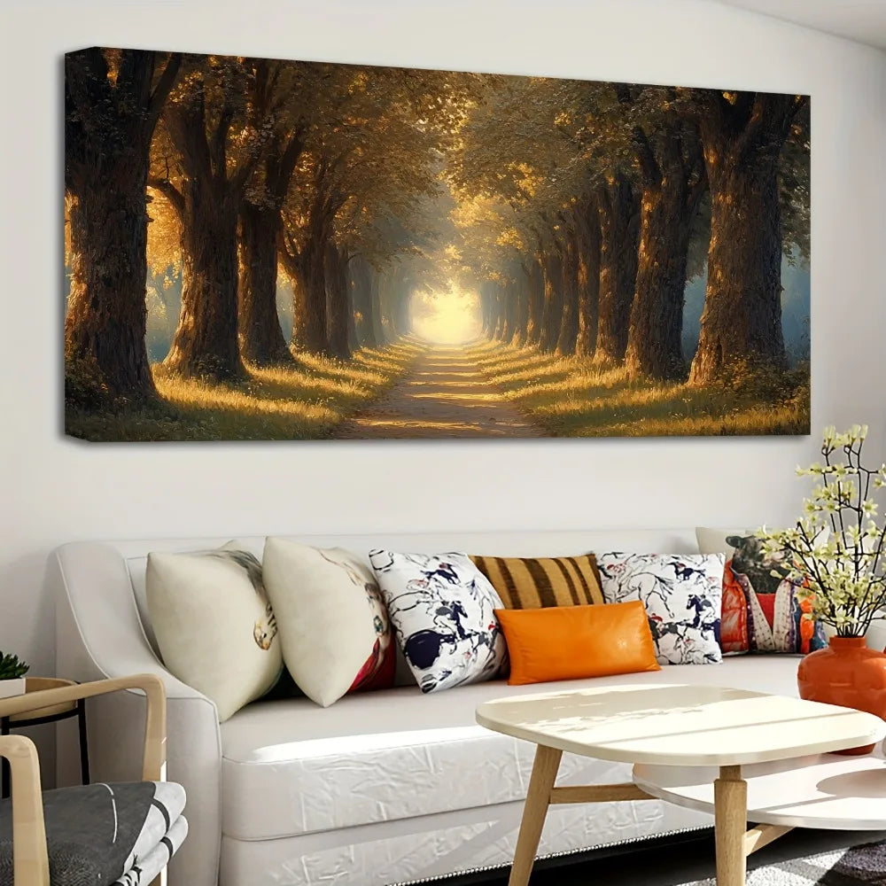 Hand-Painted Yellow Forest Art Autumn Landscape Oil Painting in Pine Frame