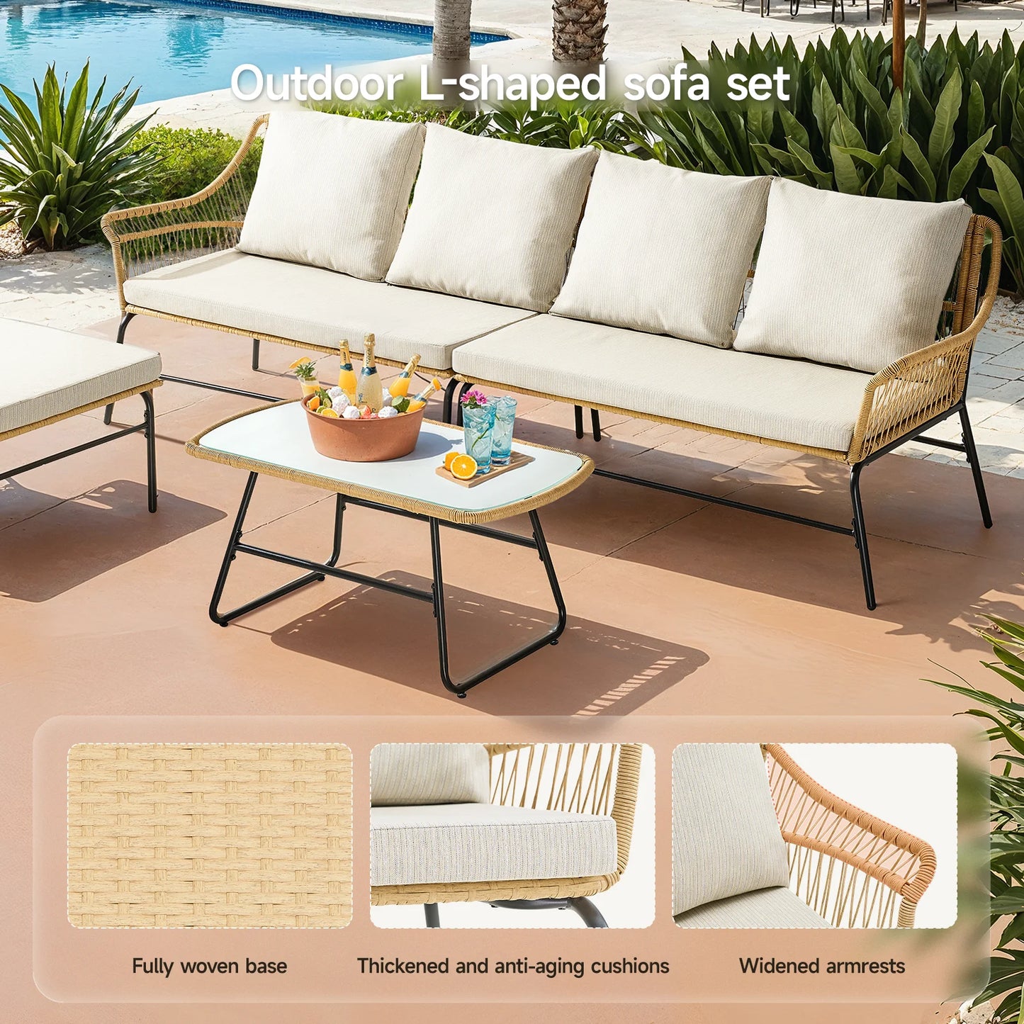 ONBRILL Outdoor Sectional Set Wicker Sofa Glass Coffee Table