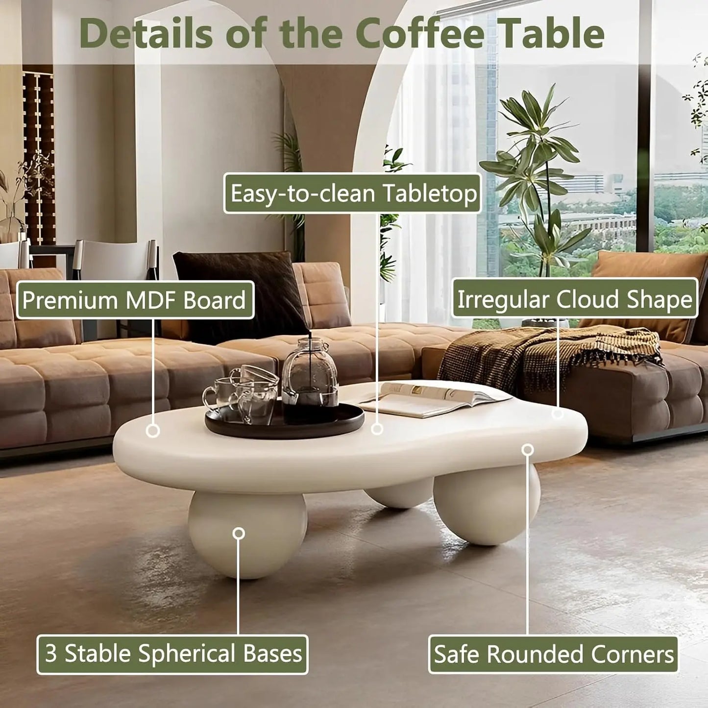 Cloud Coffee Table With Round Corners And Ball Legs