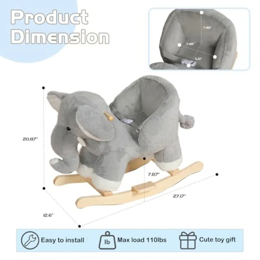 Wooden Rocking Horse for Toddlers with Plush Elephant Music