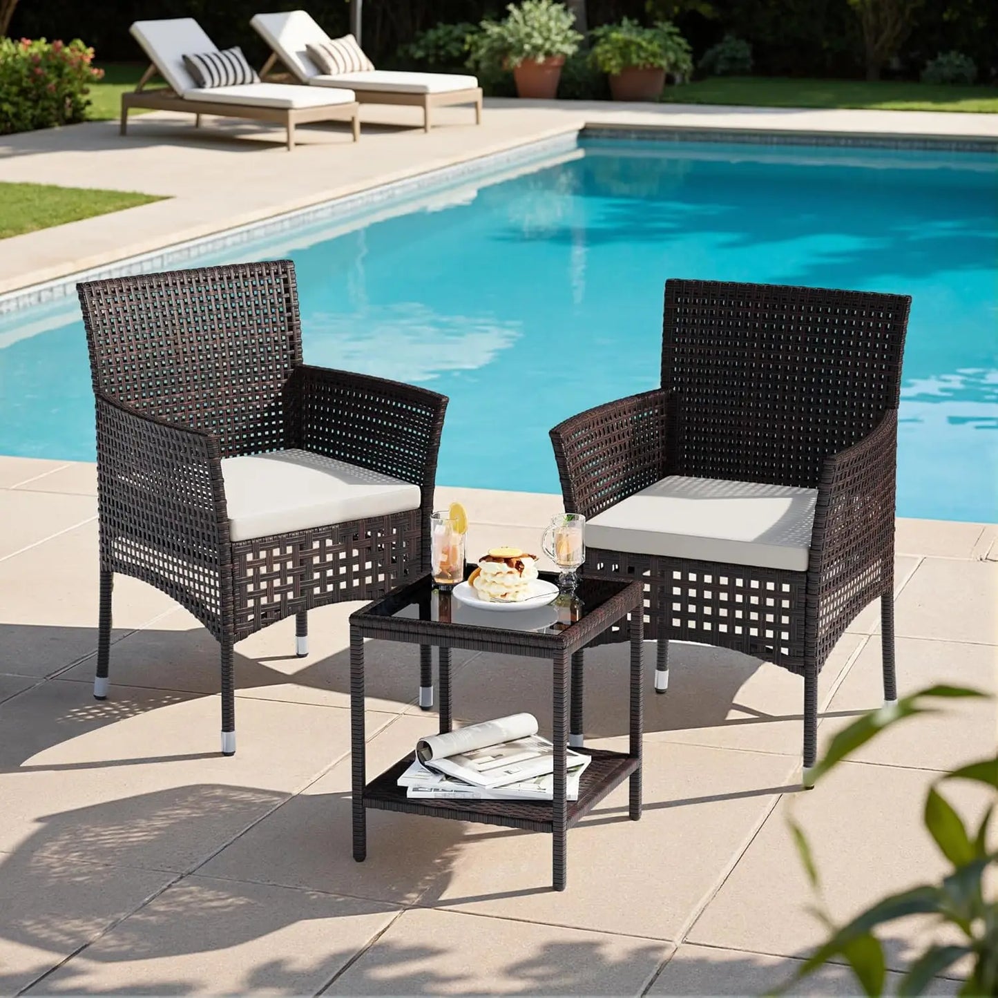 Outdoor Wicker 3 Piece Patio Set Glass Table Weatherproof