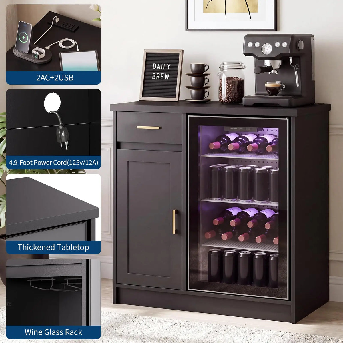 HiMISS Farmhouse Wine Bar Cabinet With USB Outlets Storage