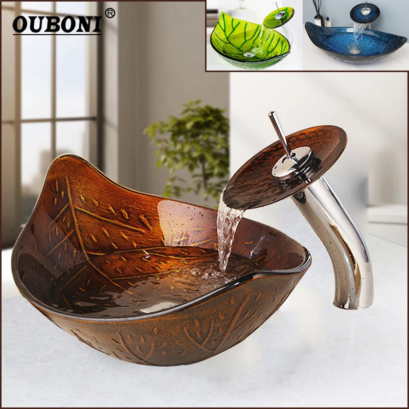 Yanksmart Leaf Style Basin Faucet Set With Tempered Glass