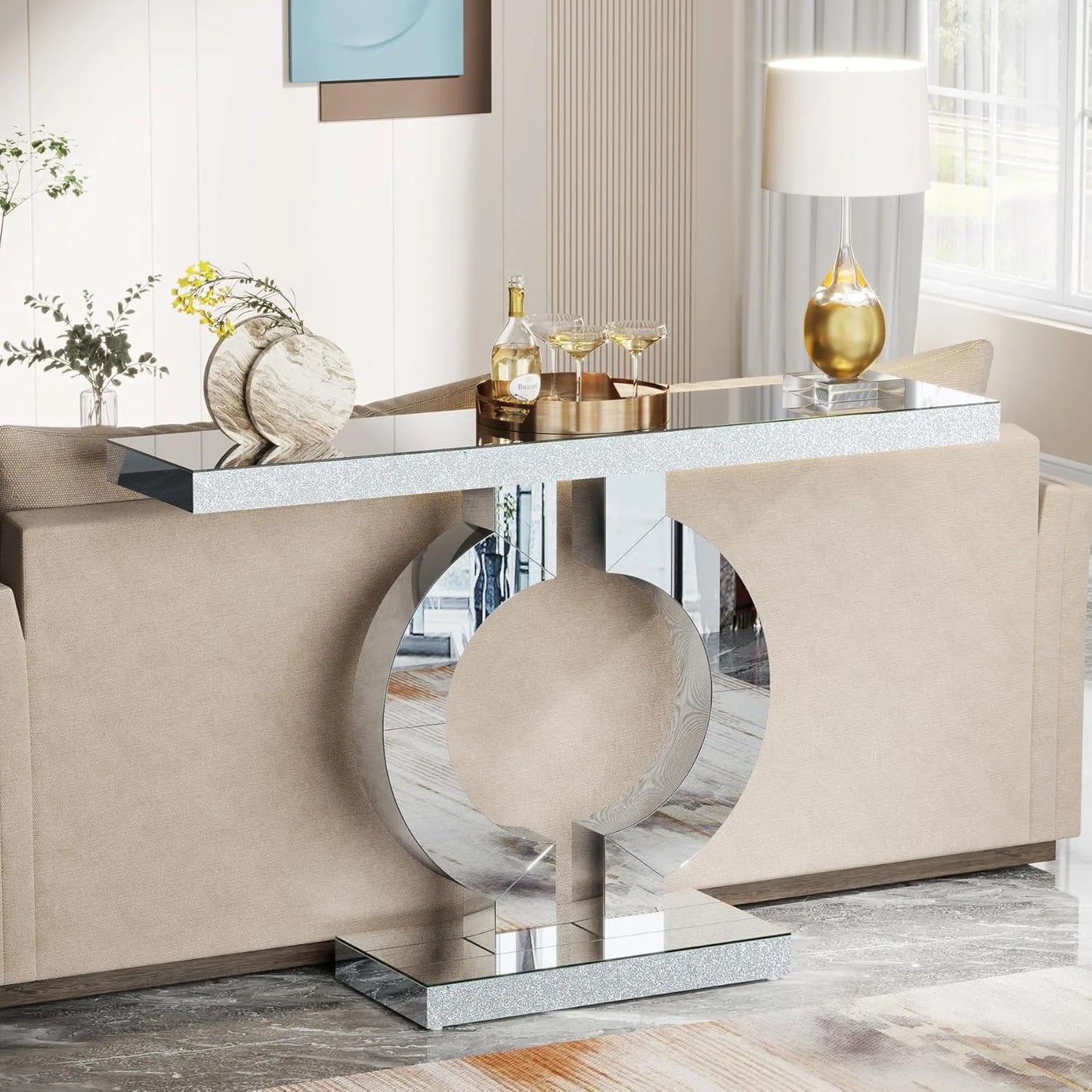 Modern Mirrored Console Table with O-Shaped Base for Entryway or Living Room