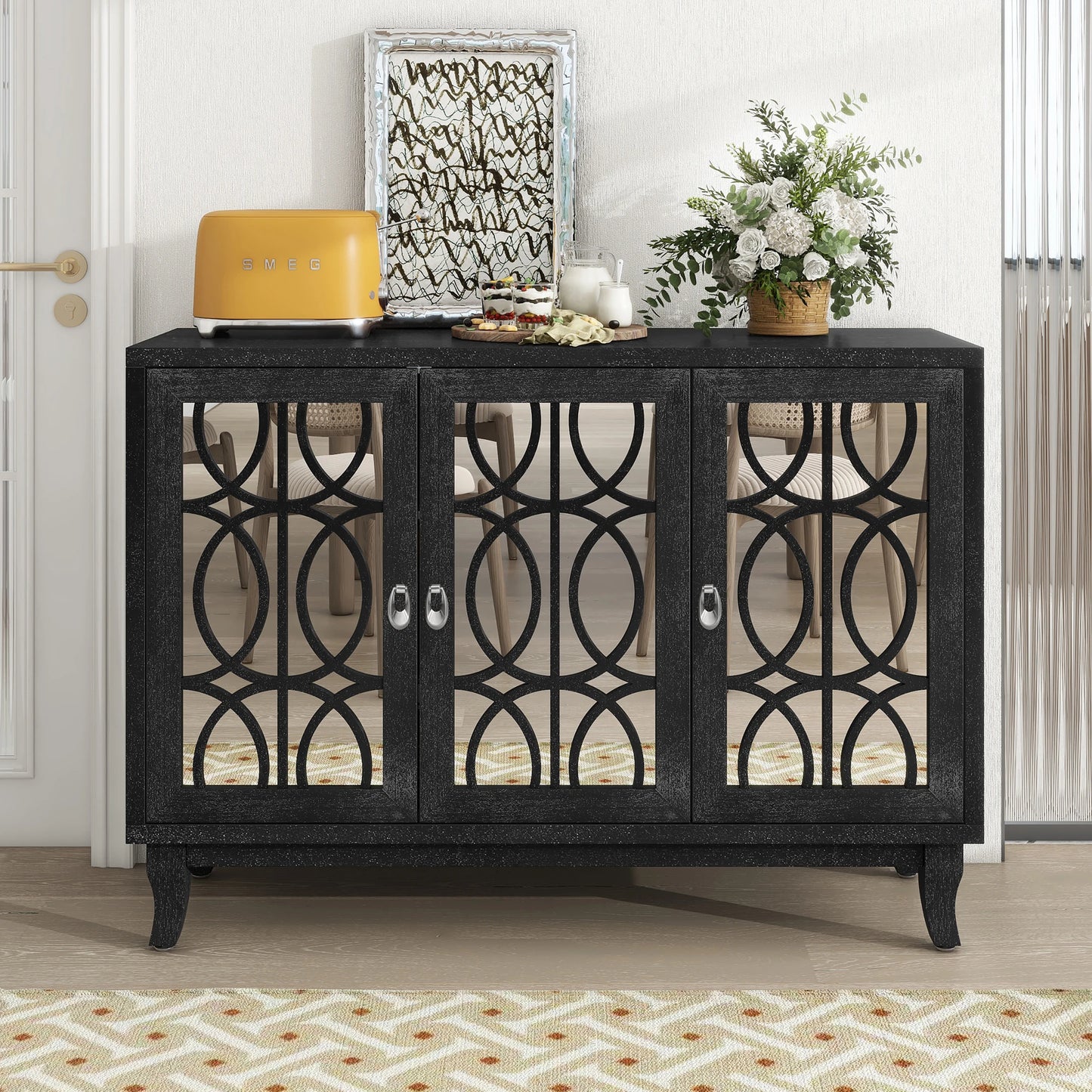 Sideboard With Glass Doors Three Door Mirrored Buffet Cabinet