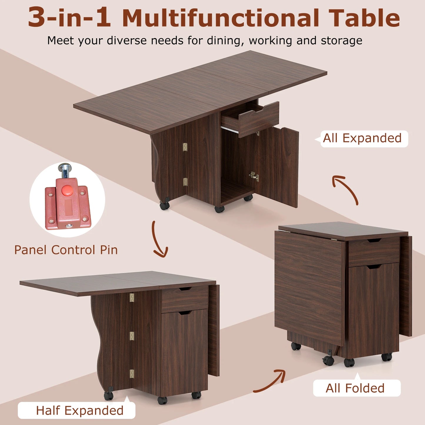 HOMASIS Folding Dining Table With Lockable Wheels And Storage