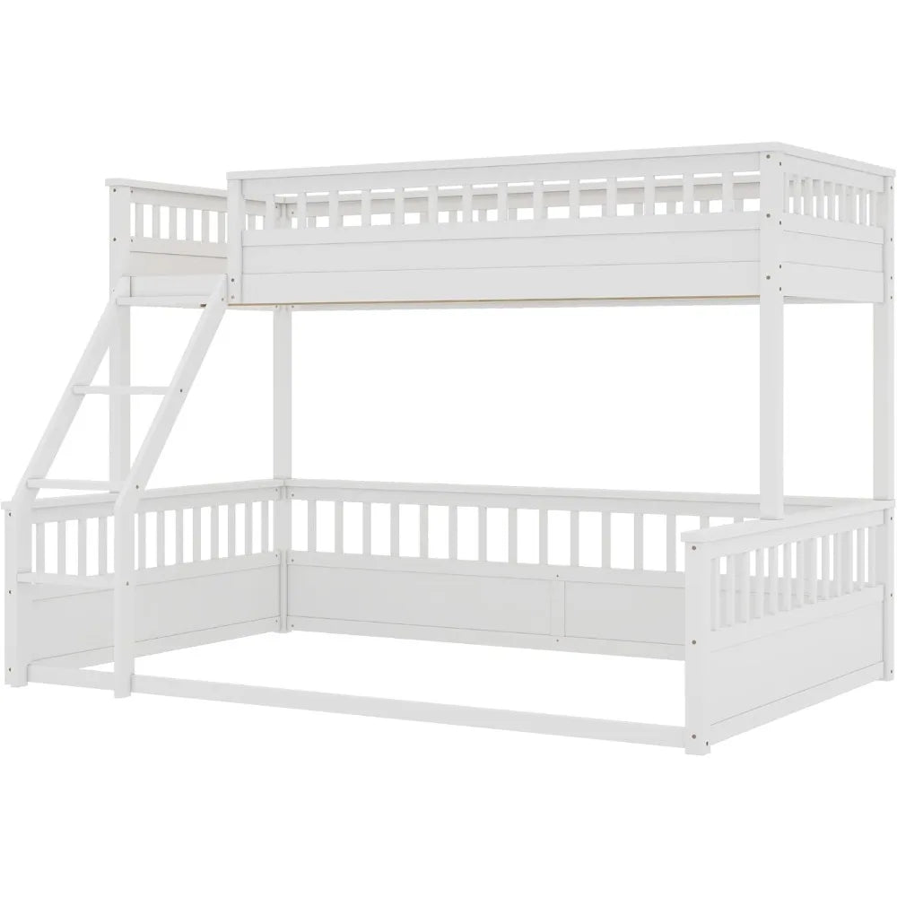 Low Bunk Beds Twin XL Over Queen with Ladder and Guardrail for Kids
