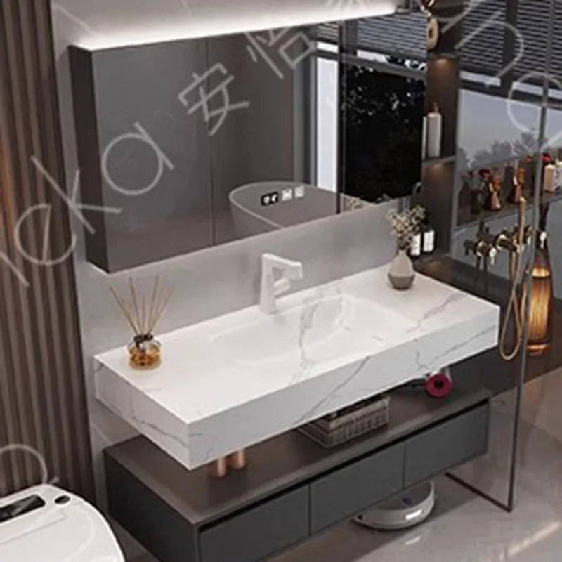 Solid Wood Vintage Bathroom Cabinet with Mirror and Integrated Basin
