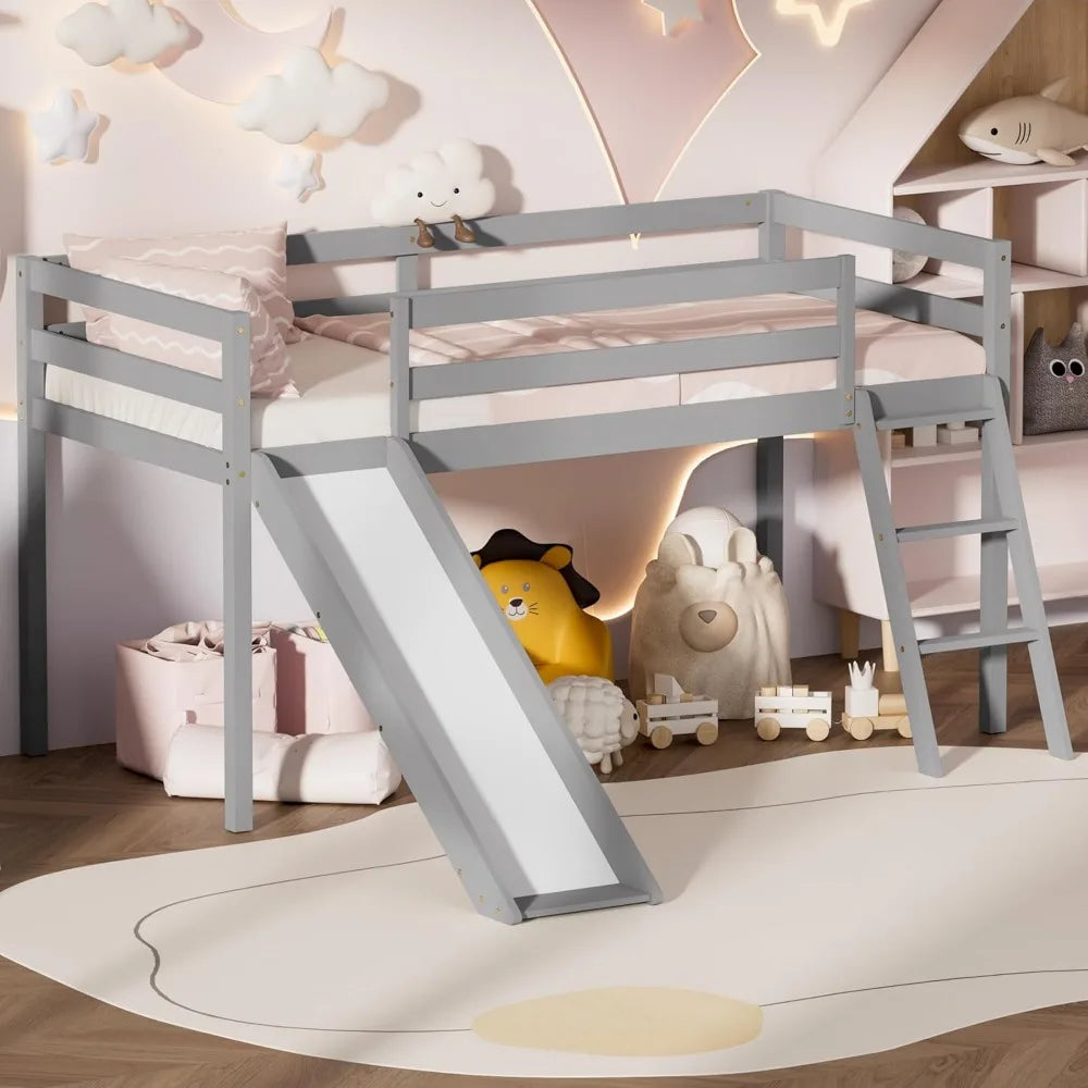 Color Wood Twin Loft Bed With Slide Ladder And Under Storage