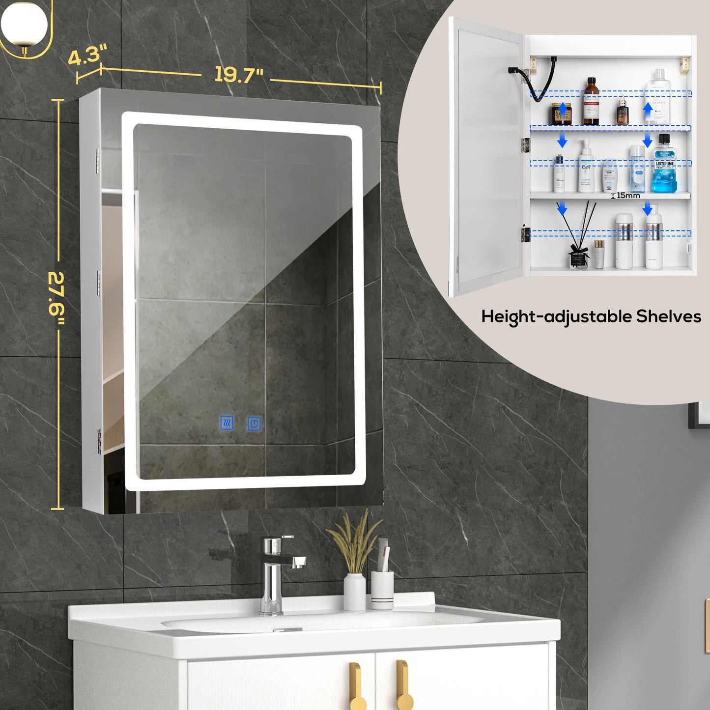 VOWNER LED Bathroom Medicine Cabinet Mirror Defogger