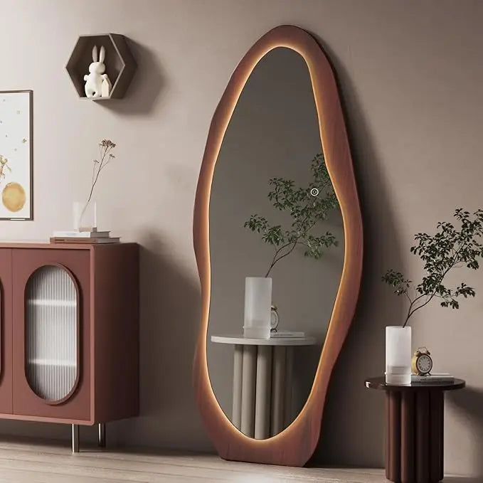 HUANHUI LED Wood Mirror With Lights Wall Mounted Indoor