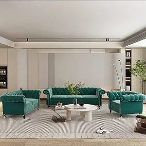 DAFIFY Velvet Chesterfield Sofa Loveseat Chair Set Premium